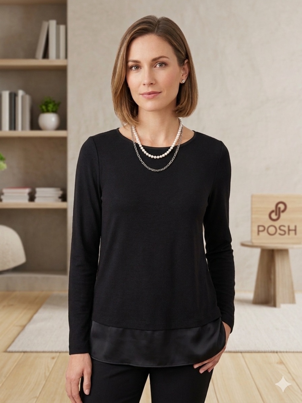 WHBM White House Black Market Black Long Sleeve Top with Satin Hem Size S NWT